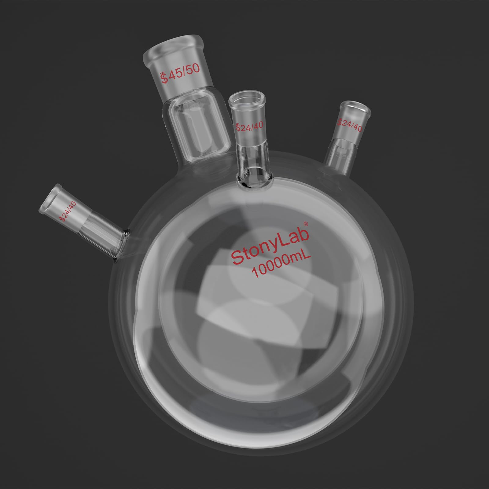stonylab Matraz de Ebullición Redondo de 4 Cuellos, 10 L, RBF de Vidrio Borosilicato de Pared Gruesa con Conexión Central 45/50 y Conexiones Laterales 24/40, para Destilación en Laboratorio