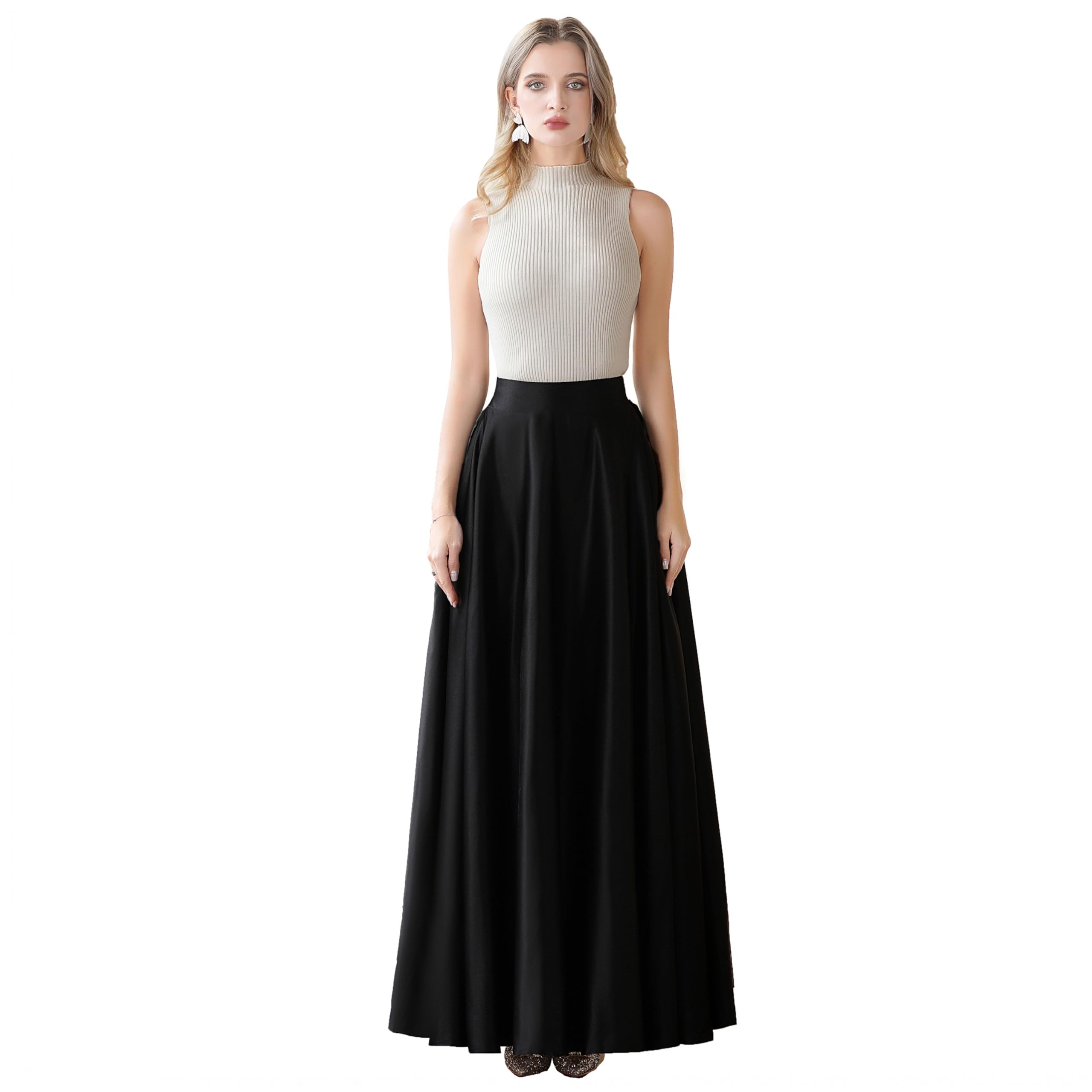 Womens Long Fashion Formal Prom Party Skirt A-Line Floor Length Satin Skirts with Pockets