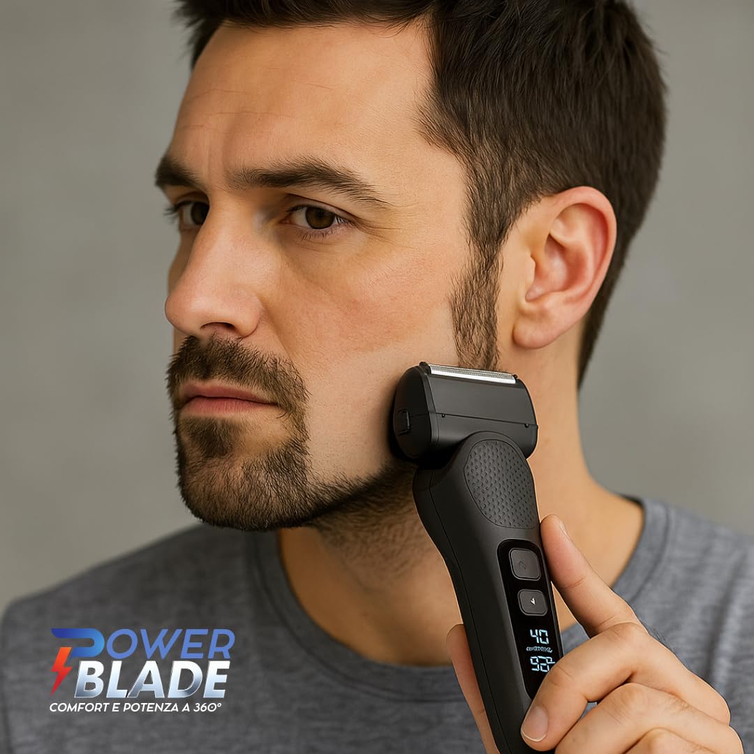 POWER BLADE | Rasoio Elettrico da Uomo Macchinetta per Barba Capelli e Corpo Rifinitore di Precisione con Testina Fluttuante Lame Affilate per Regolazione Basette e Display LED con Avviso Batteria
