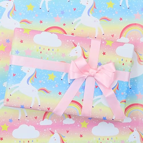 Papel de regalo de cumpleaños para niños, niñas, niños, papel de regalo con diseño de unicornio para cumpleaños, baby shower con cinta de 78.7