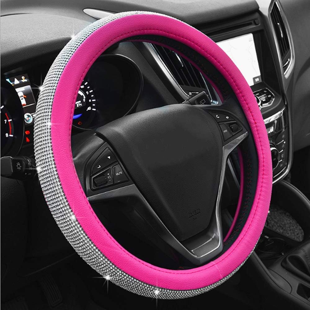 LABBYWAY Diamond Leather Steering Wheel Cover Universal Fit 15 Inch, with Bling Bling Crystal Rhinestones, for SUVS,Vans,Trucks Steering Wheel (Pink and White)