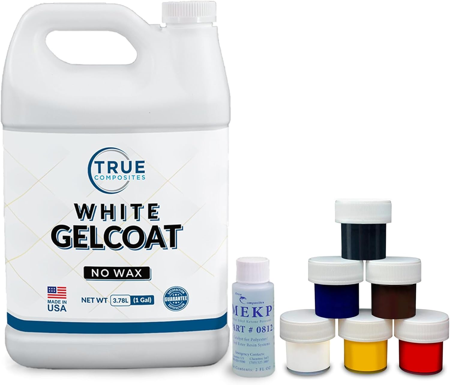White Gelcoat Unwaxed with 6 Pigment Kit & MEKP Hardener – Marine Laminating Gelcoat for Boats, Pools, Wood & Fiberglass – High Gloss, UV Resistant, Waterproof Finish (1 Gallon + 2oz Catalyst)