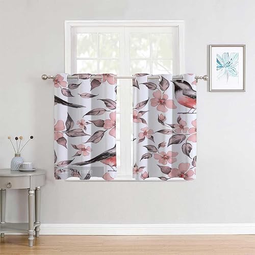 Cortinas para Cuarto Coloridas Flores Frescas y Hojas de Pájaros Cubierta Térmica Cortinas para Separar Cuartos 55 pulgadas de ancho por 45 pulgadas