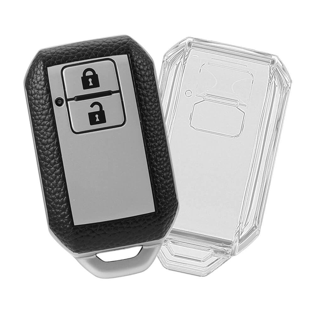 keyzone TPU Key Cover combo Compatible for Suzuki Fronx, Jimny, Grand Vitara, Brezza, Swift, Baleno. Ertiga, XL6, Ignis. DZire 2 button smart key (Clear TPU + Leather TPU)
