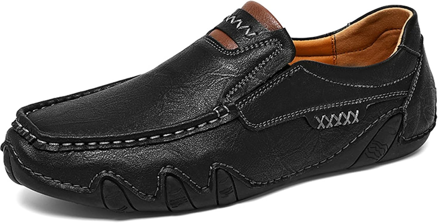 Men's Leather Hand Stitching Casual Loafers Fashion Moccasin Toe Comfortable Slip On Non-Slip Driving Flats Soft Walking Business Outdoor Penny Shoes