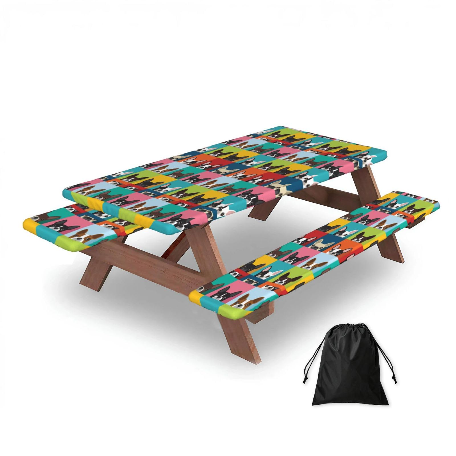 Dopklna As Picture Boston Terrier Dog, Picnic Table Cover With Bench Covers -Waterproof Elastic Fitted Tablecloth For Garden Camping Patio 76X152cm