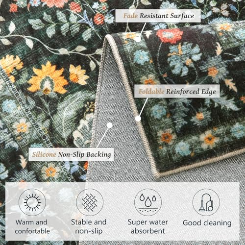 Image of Vintage Botanical Dark Green Washable Runners for Hallways, 2x6 Runner Rug Non Slip Ultra-Thin, Boho Soft Hallway Rug Forest Green Carpet for Kitchen Bedroom Bathroom Laundry Room