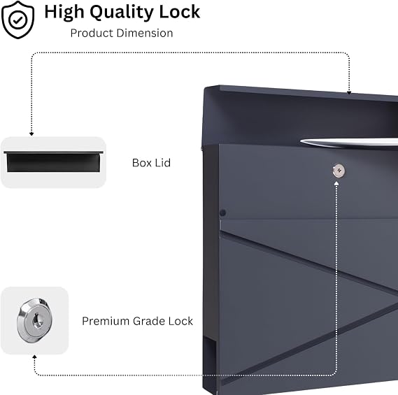 Assorted Collections Wall Mounted Post Box with Newspaper Holder, Lockable with 2 Keys, Modern Design, Easy to Install, 37x10.5x37 cm (Grey)