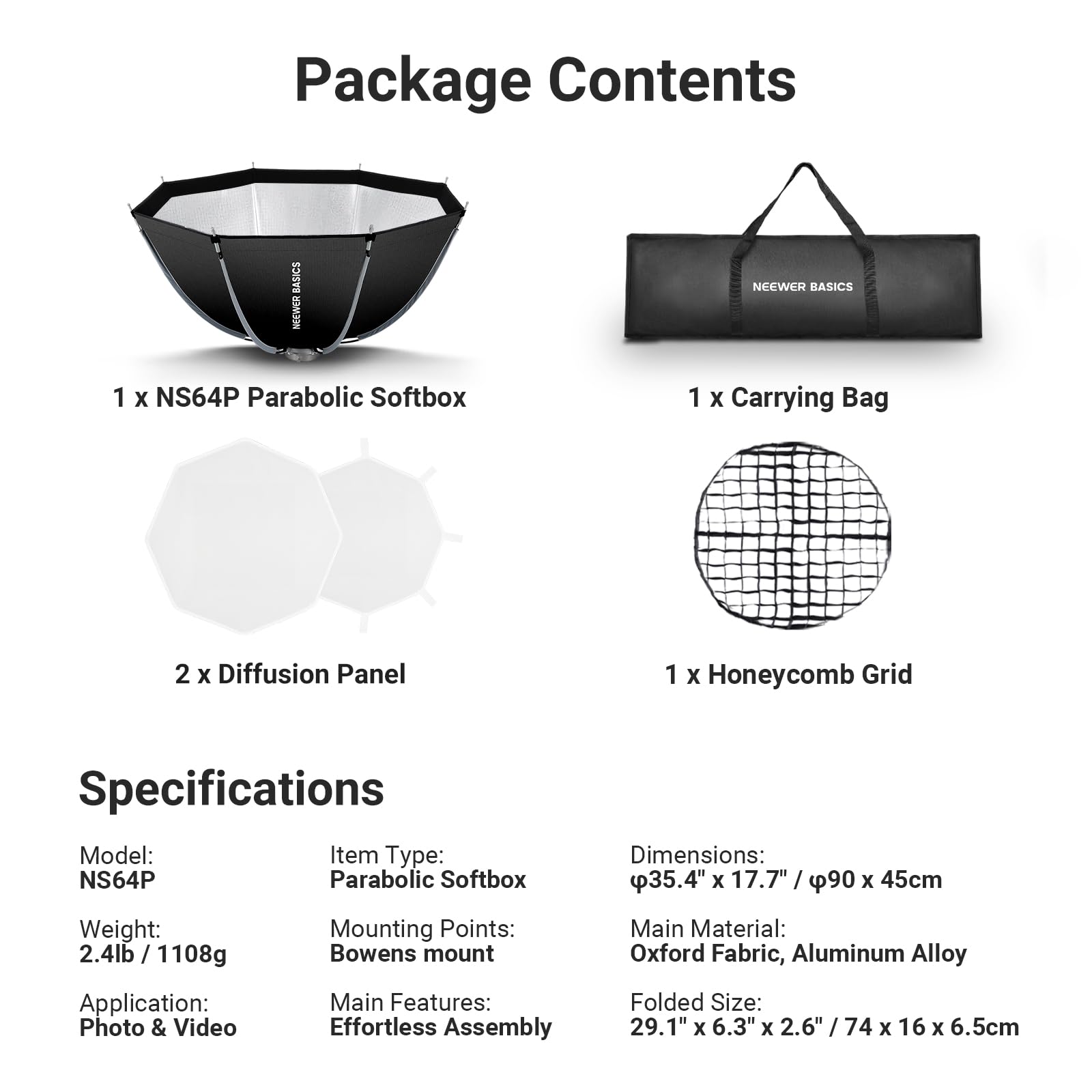 NEEWER BASICS ośmiokątny Softbox Bowens Mount, 35,4'' Quick Release Soft Box zestaw oświetleniowy z siatką, kompatybilny z Aputure 150c kompatybilny z Godox SL60w, FS300C FS150B HB80C CB200C Q6, NS64P