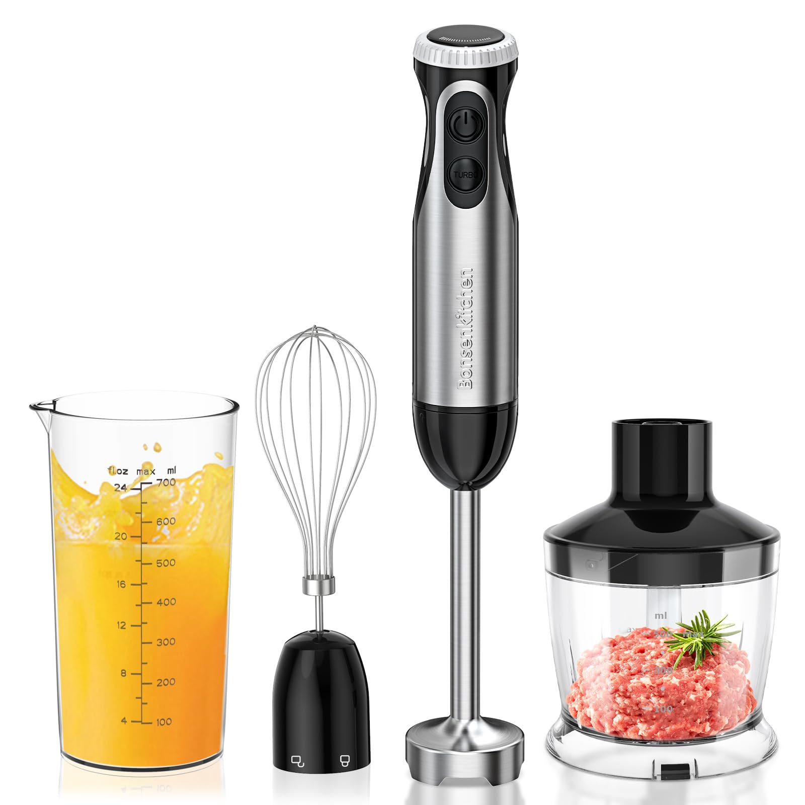 Bonsenkitchen Stabmixer 4-in-1, 1000W Elektrischer Pürierstab mit stufenloser Geschwindigkeitsregelung, Edelstahl-Mixfuß, Schneebesen, 500ml Lebensmittelhacker & 700ml Messbecher für Babynahrung