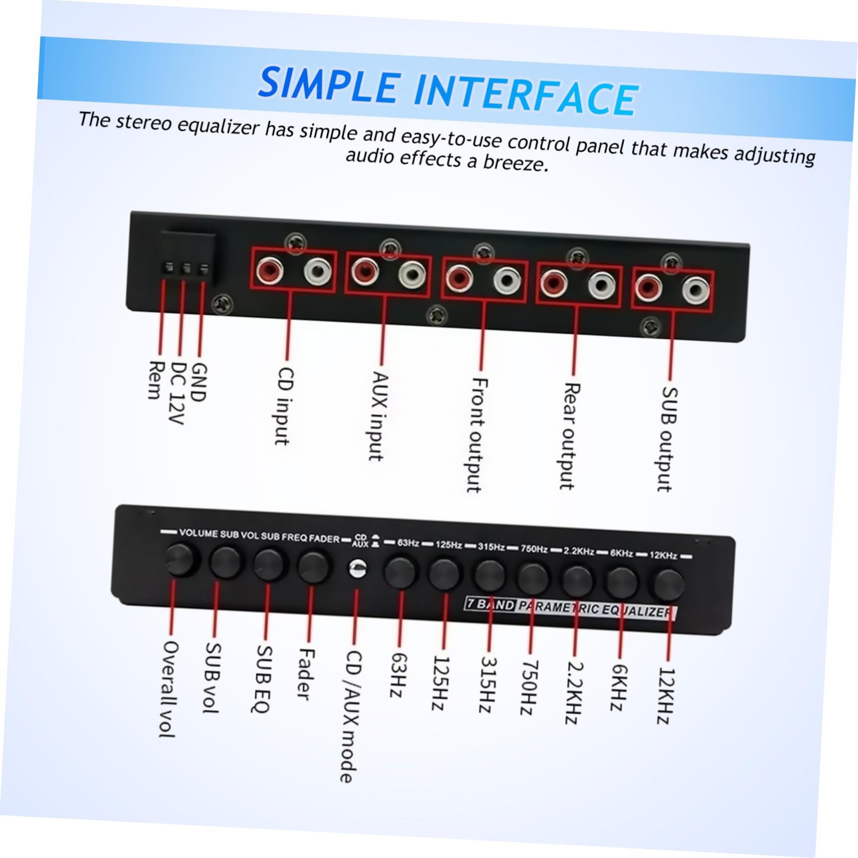 VILLCASE Ecualizador de Coche de 7 Bandas Seis Canales, Amplificador de Metal para Sistema de Audio de Automóvil, Interfaz Simple y Mejora Calidad de Sonido