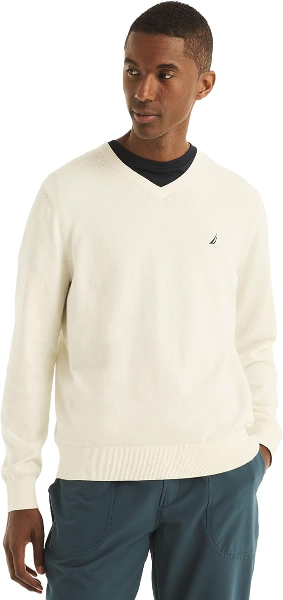 NAUTICA Men's Classic Fit Soft Lightweight Jersey V-Neck Sweater, Marshmallow, M