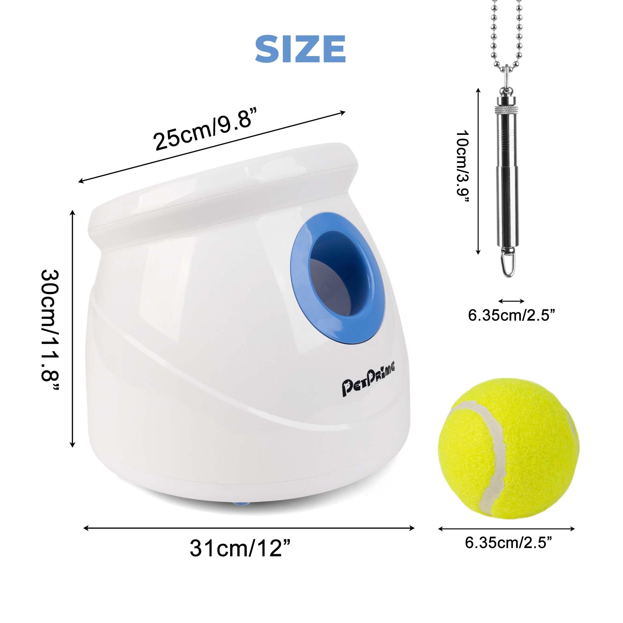 Pet Prime Lanzador automático de pelotas para perros para razas grandes, juguete interactivo recargable con 10-40 pies, máquina de búsqueda con 6 pelotas de tenis duraderas de 2.5 pulgadas y silbato