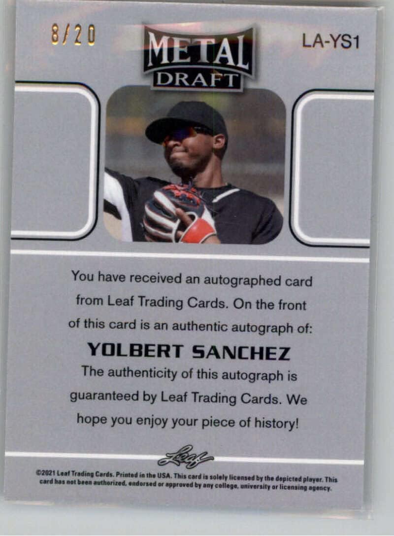 2021 Leaf Metal Draft 1990 Leaf Autograph Blue Wave Baseball Card #LA-YS1 Yolbert Sanchez Auto Autograph PR 20