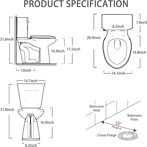 Miniatura 6 de Inodoro de 17.5 pulgadas de alto  Inodoro extra alto rugoso de 12 pulgadas, inodoros altos alargados para personas mayores, inodoro de dos piezas de
