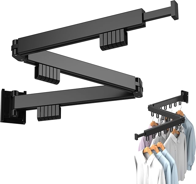 Zomhusea Clothes Drying Rack,Retractable Clothes Drying Rack Wall Mounted Clothes Hanger Rack,Aluminum Space-Saver Folding Clothes Drying Rack,Collapsible(Tri-Fold) Laundry Drying Rack(Black)