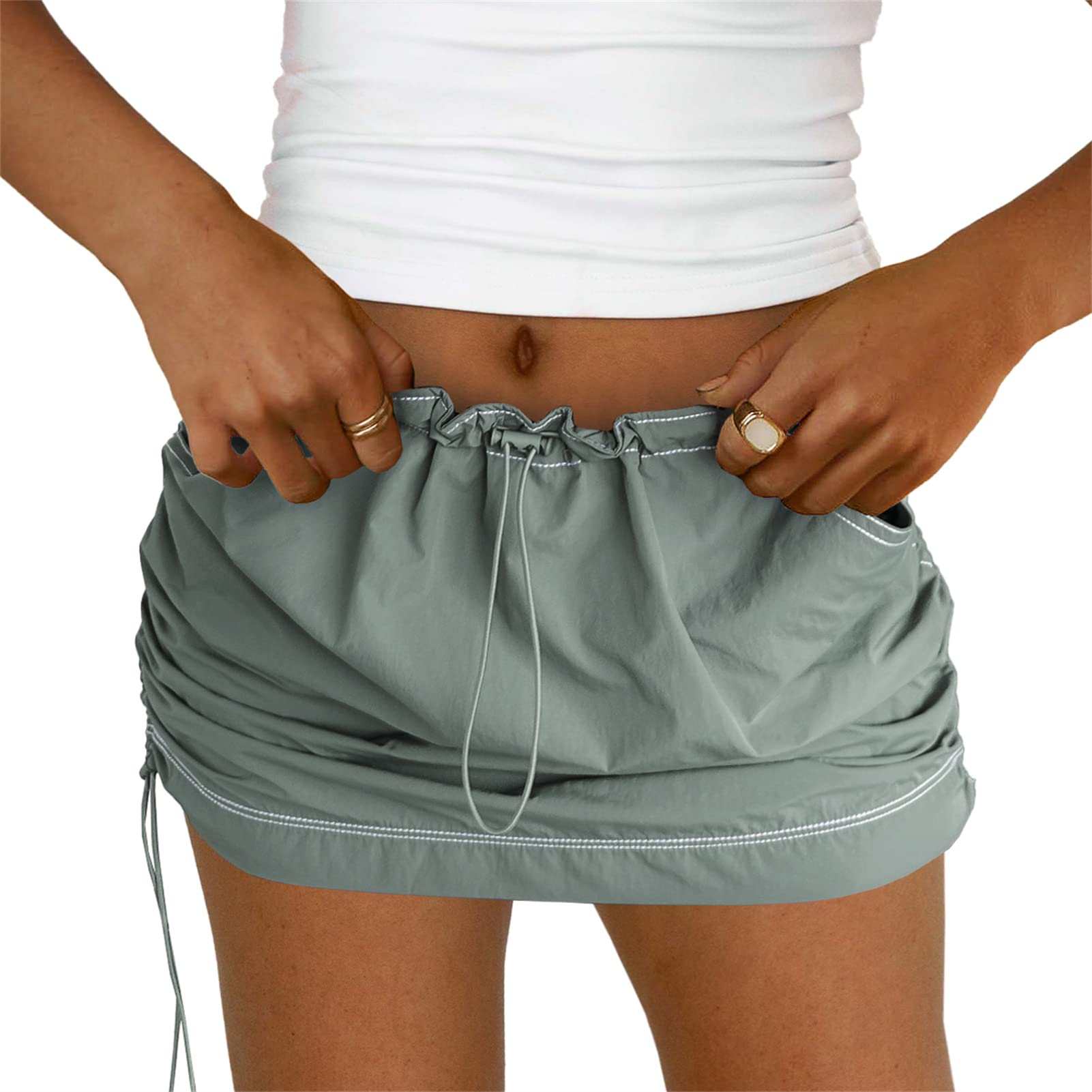 Womens Cargo Skirt Y2K - Casual Summer High Waisted Bodycon Pencil Ruched Mini Skirts Side Drawstring and Pockets