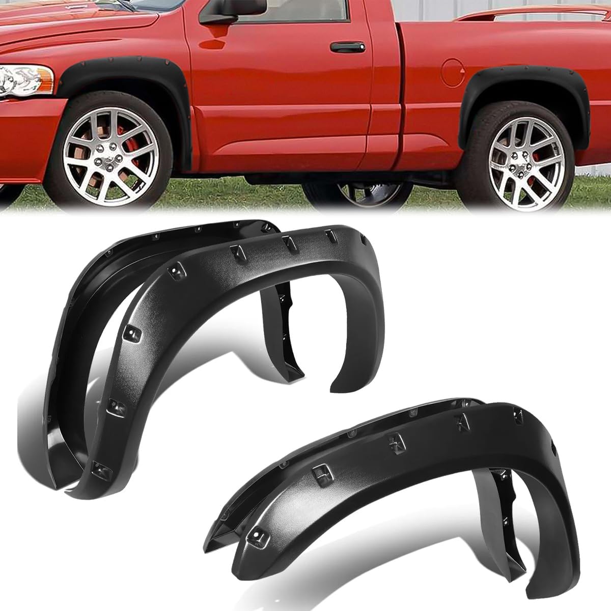 4pcs Fender Flares Compatible with Dodge Ram 1500 2002-2008 Compatible with Ram 2500 3500 2003-2009 Pickup Truck Pocket Riveted Wheel Flares Set Textured Paintable 54334PM