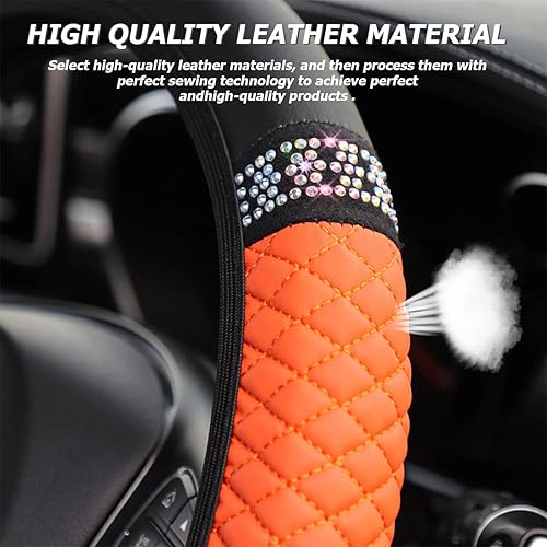Miniatura 8 de Funda de cuero brillante para volante, protector de volante elástico con diamantes de imitación coloridos, piel sintética suave con diamantes de