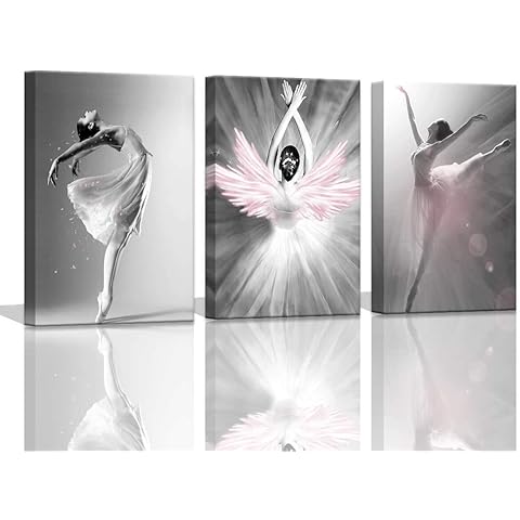 Girls Bedroom Decor Ballet Dancer Wall Pictures for Bedroom Black and White With Pink Home Decorations Artwork for Home Walls Pink Wall Art for Bedroom 3 Pieces Canvas Art Set Framed 12x16inchx3pcs
