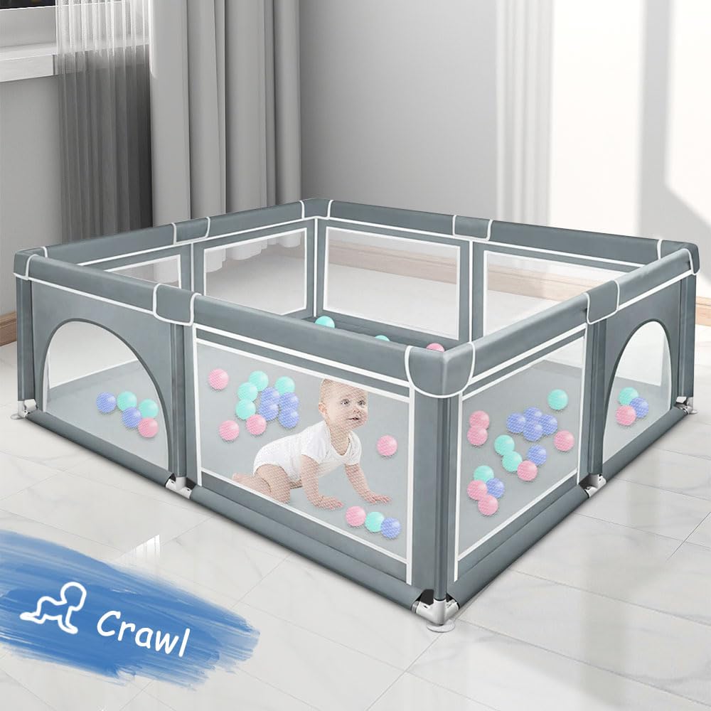 Box per Bambini, Box per Appartamento, recinto per bambini Recinto neonato in Tessuto Oxford e Rete Traspirante, con Sui Quattro Lati e Ventose con Base Antiscivolo-180 * 150 * 66 cm - grigio scuro