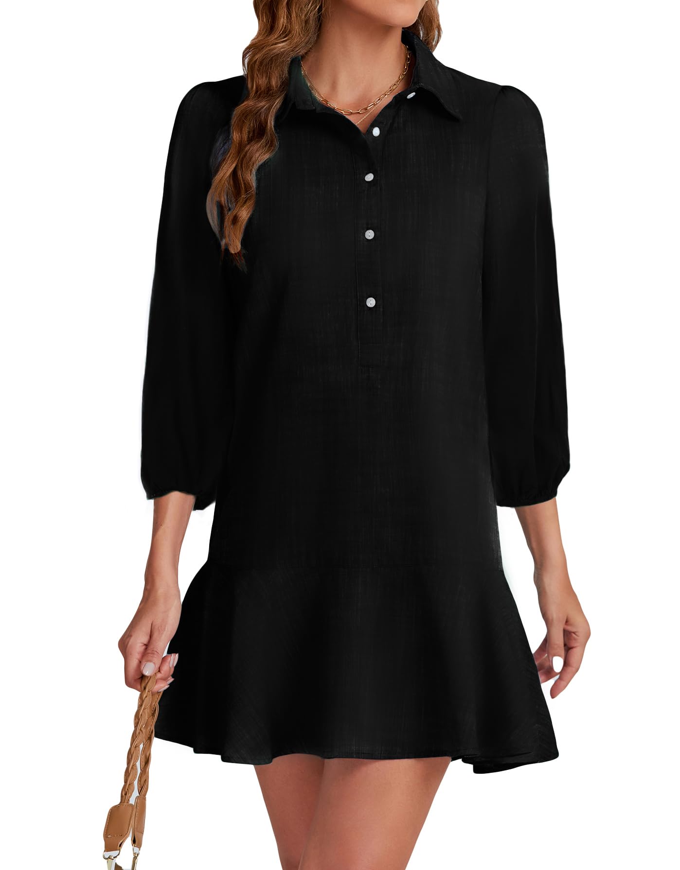 YEXPINE Women Button Down Dress Casual 3/4 Puff Sleeve Cotton Linen Dress Flowy Ruffle Hem Tunic Shirt Dresses