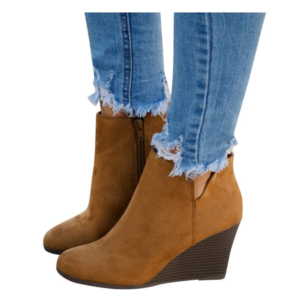 LOSRRLY Women Suede Side Zipper Wedges Shoes High Heel Round Toe Ankle  Short Boots