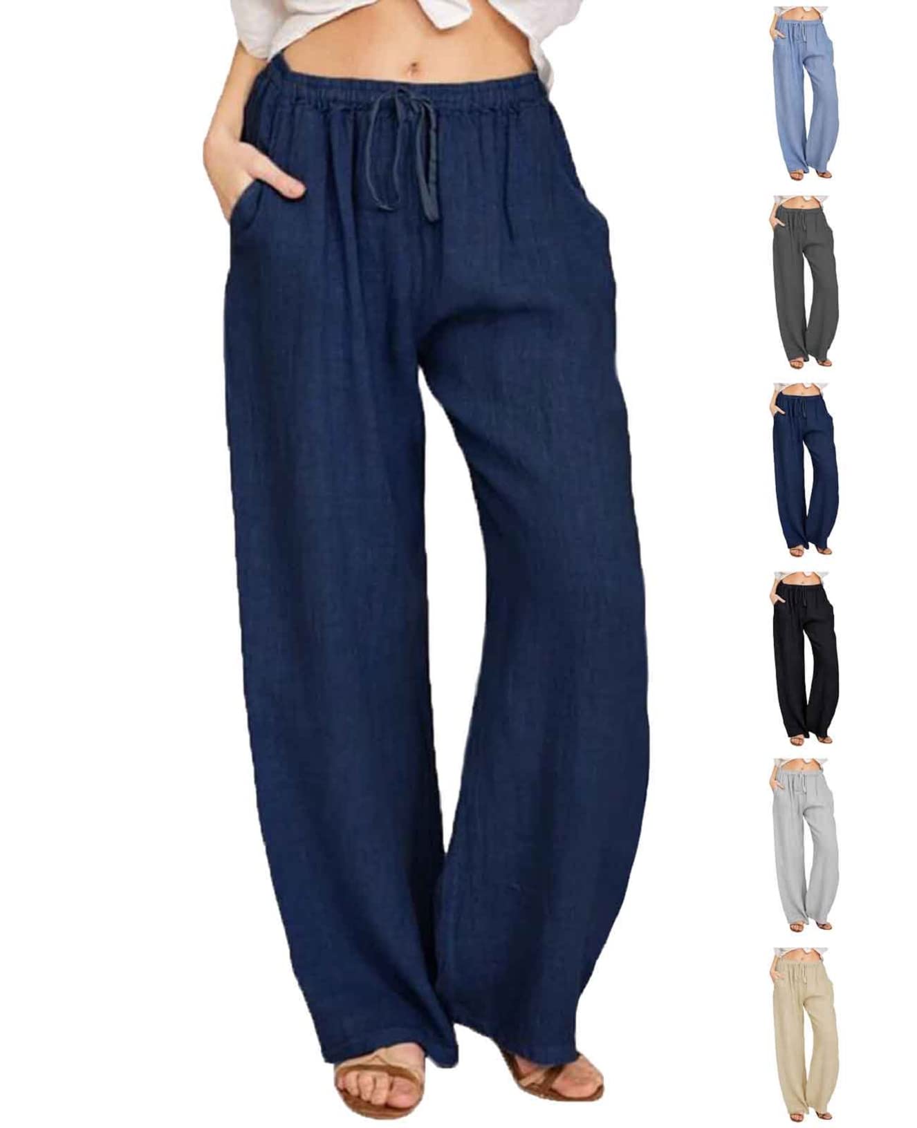 Joligiao Damen Freizeit Hose Länge Leinen Hosen Baumwolle Leinenhose mit Kordelzug und Taschen Casual Einfarbig Damen Hose Sommerhose Loose Freizeithose Jogginghose