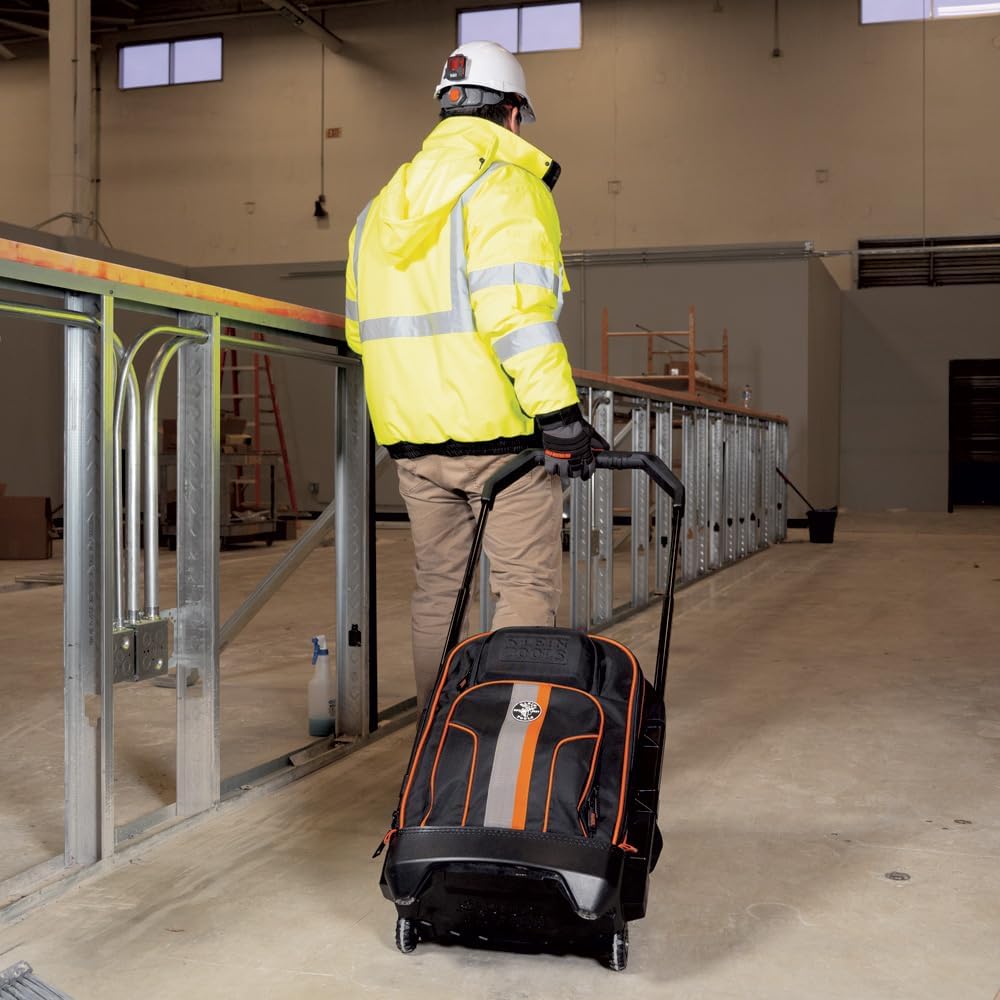 Klein Tools 55604 Rolling Tool Backpack, Tool Bag with 28 Pockets, Heavy Duty Retractable Handle, Large Storage Interior, 3-Inch Wheels