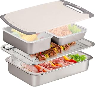 Grill Prep Trays Set Of 5,BBQ Tray,Grilling Prep And Serve Trays,Stainless Steel Grill Platter,Include Deep Grilling Platter,Shallow BBQ Serving Tray,2 Marinade Container With Lids,Cutting Board