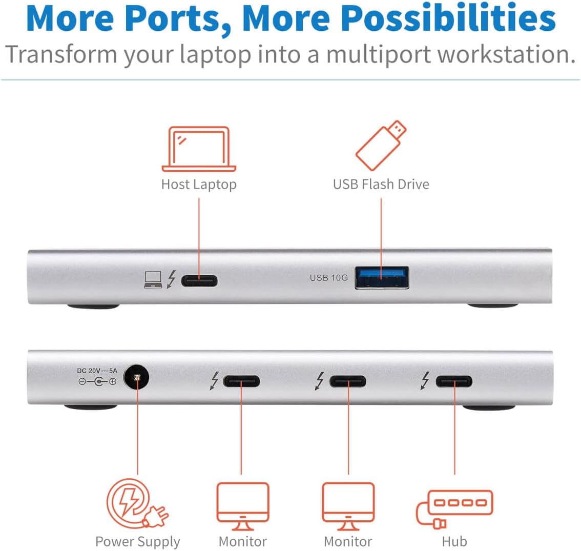 Tripp Lite 4-Port Thunderbolt 3 Dock Hub, One Monitors: 8K Video @ 30Hz - Two Monitors: 4K @ 60Hz, 10 Gbps USB-A, 100W Charging, Windows Chromebook & Mac Compatible, 1-Year Warranty (MTB4-HUB3-01)