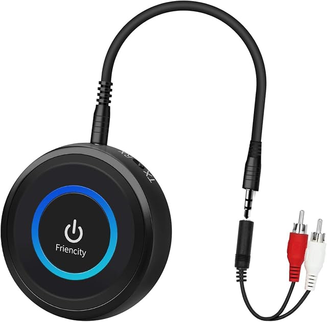 Friencity Bluetooth 5.0 Transmitter Receiver for TV Home Stereo, AptX Low Latency Wireless Audio Adapter for PC Radio Projector DVD PS4 w/ 3.5mm RCA Aux Jack, Dual Stream to 2 Headphones, 14H Playtime