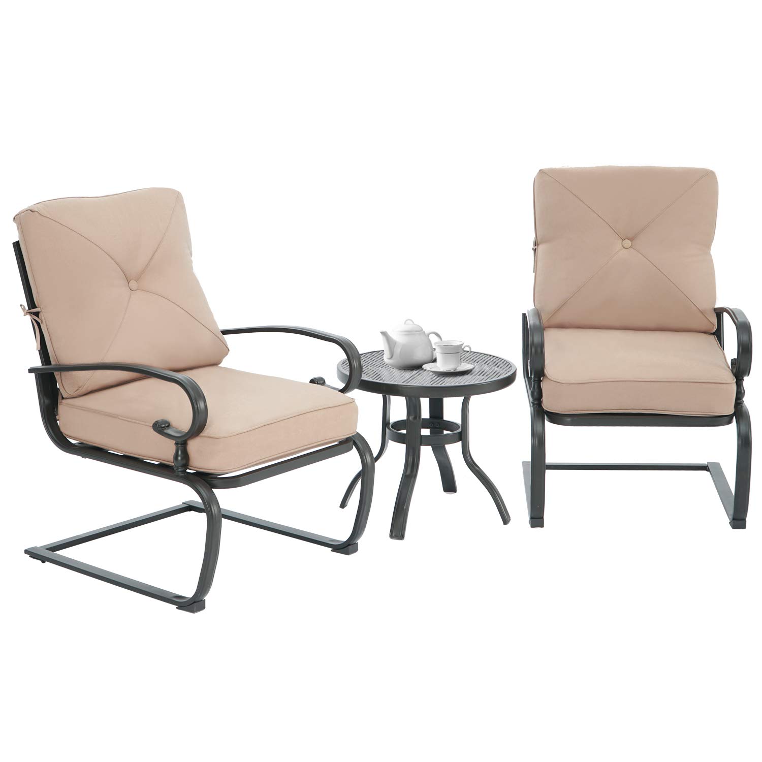 Patiomore 3 Piece Patio Bistro Set Spring Metal Chairs and Bistro Round Table Set, Wrought Iron Chai