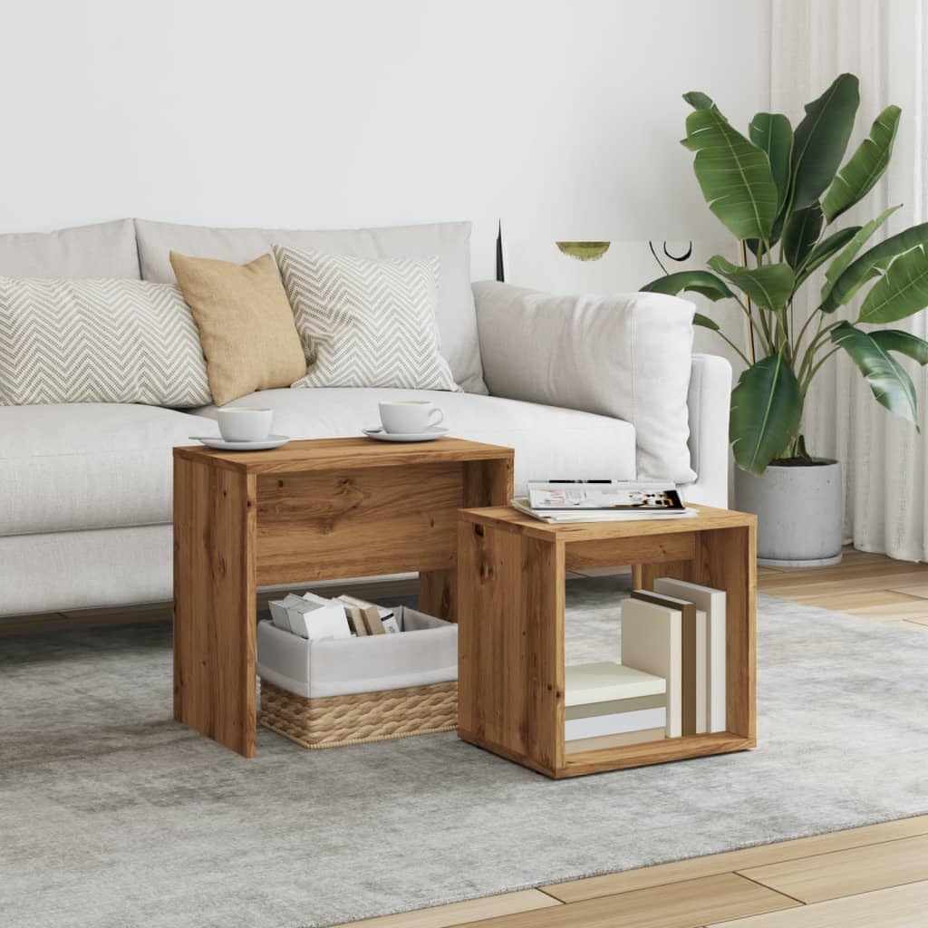 Mesa de comedor de madera de roble nido y juego de 2 mesas auxiliares de salón