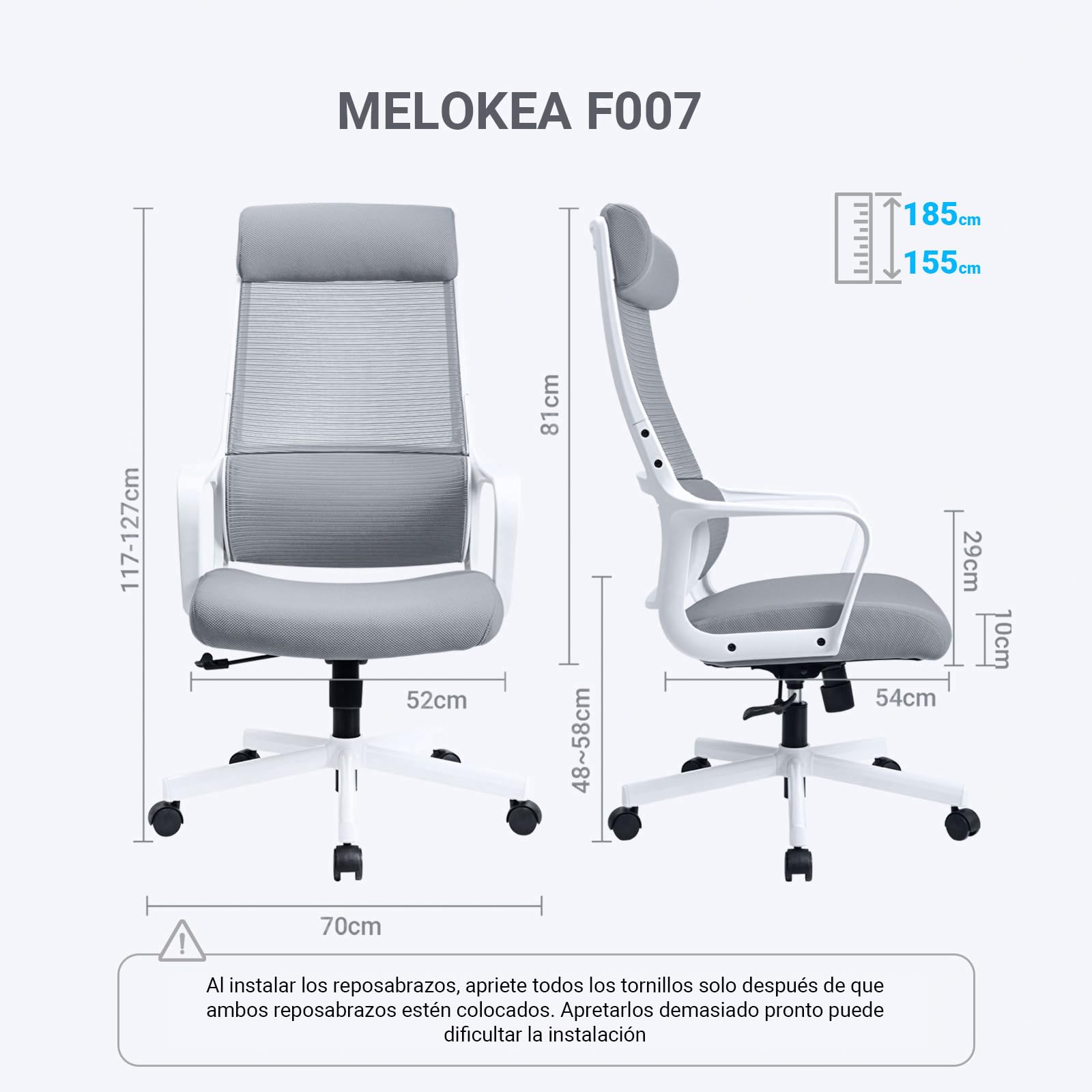 MELOKEA Silla de Oficina Ergonómica, Silla de Escritorio de Malla, Gris | Reposacabezas Ajustable, Asiento Mullido y Confortable, Soporte Lumbar Ergonómico, Función de Balancín, Certificada EN 1335