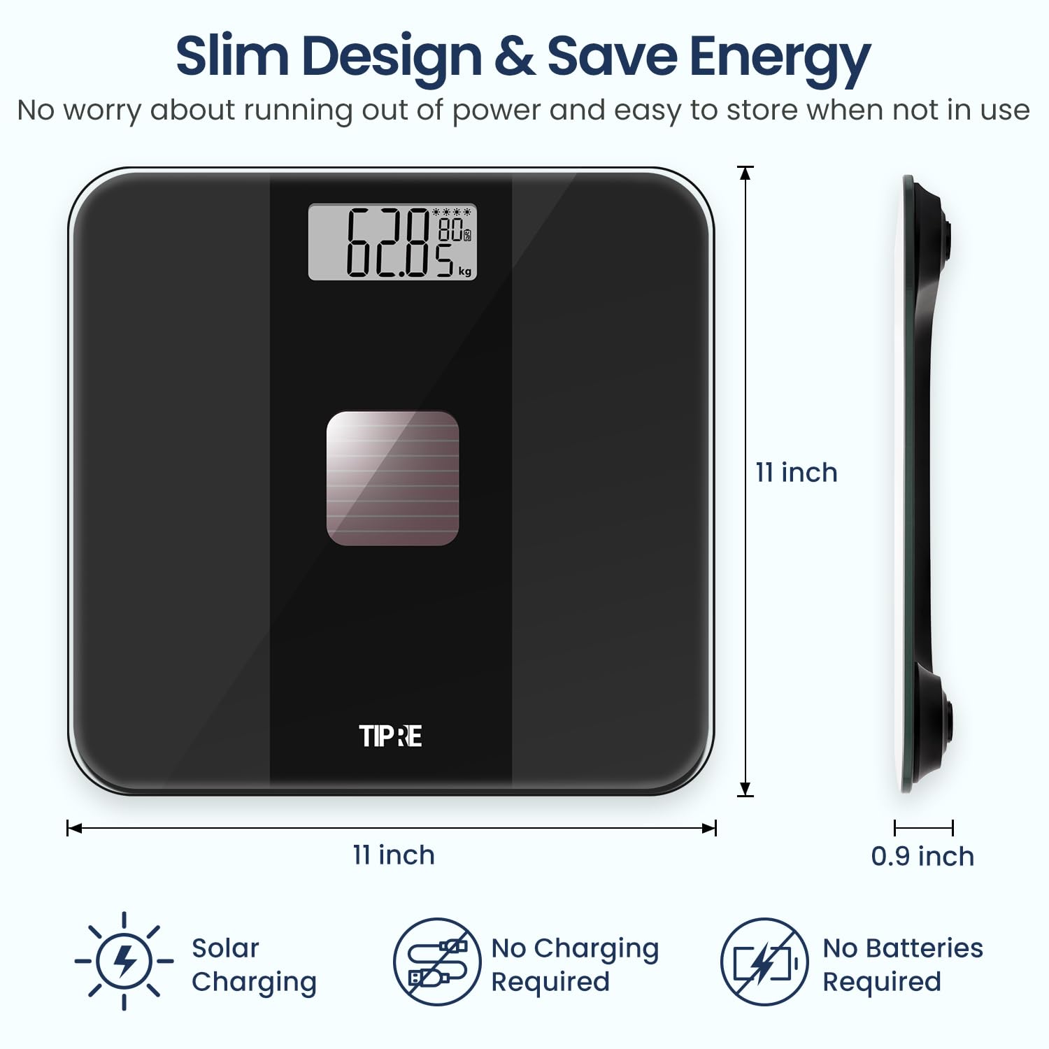 TIPRE Báscula para peso corporal, báscula de peso alimentada por energía solar con potencia infinita, báscula electrónica de baño para pérdida de peso, báscula digital con precisión de 0.01 libras, no