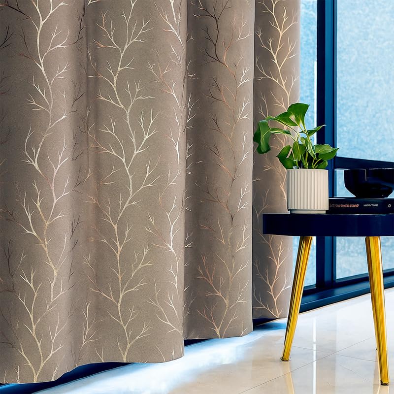 Image of Lighting Foil Printed True Blackout Long Door Curtains 9 Feet Set of 2, Heavy Room Darkening Thermal Insulated Eyelet Parda for Living Room & Bedroom, Curtain with Tie Back, 121x274cm, Brown