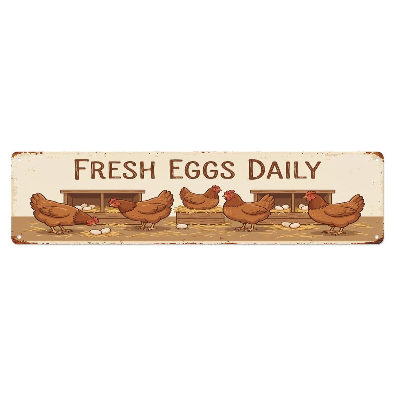 Vintage Chicken Farm Scene Fresh Eggs Daily Metal Tin Sign