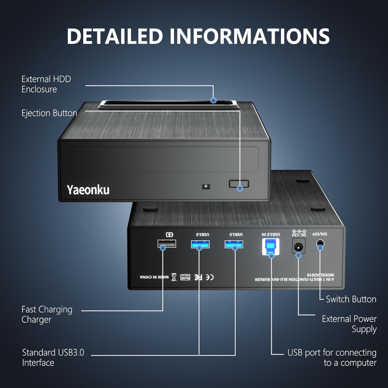 Yaeonku Externes 4-in-1-Blu-Ray-Laufwerk, 16 x USB 3.0 und Typ-C externes Blu-Ray-Laufwerk, multifunktionales Schnellladegerät, Desktop-BD/CD/DVD-Brenner/Lesen mit HDD-Gehäuse