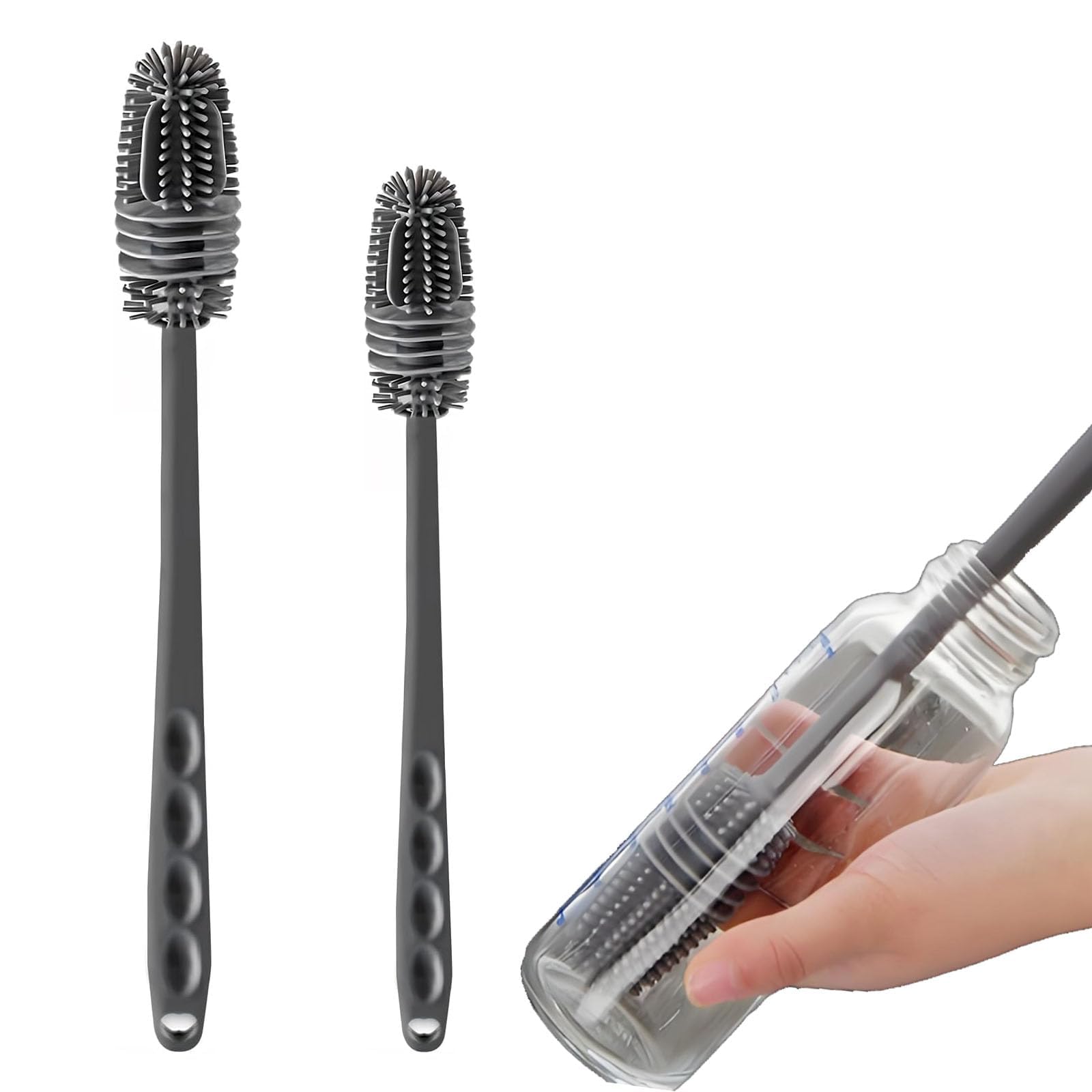 Cmbxaq Grey 2Pcs Baby Bottle Brush, Long Silicone Bottle Brushes For Cleaning– Long Bottle Brush, Glass Cups, Thermoses, Various Containers – Durable Gentle Cleaning Solution (Grey)