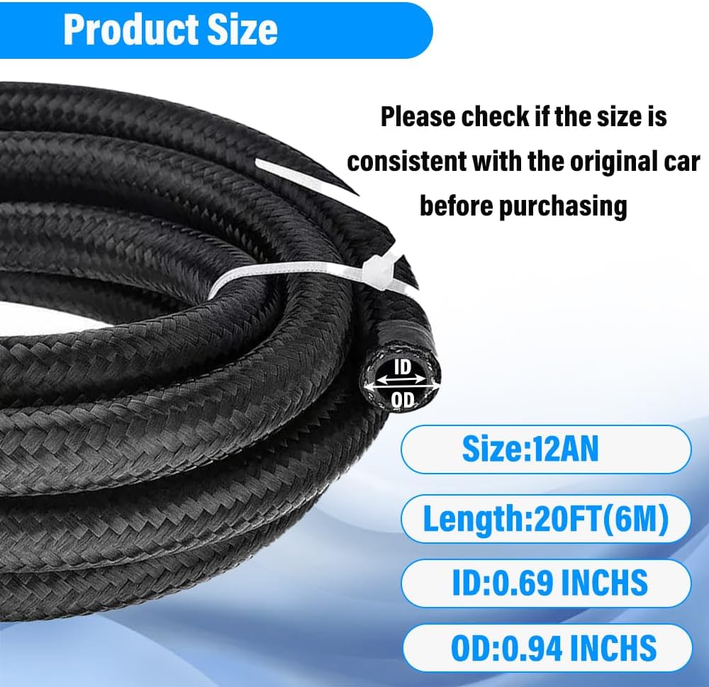 12AN 20FT Hose Fuel line CPE Braided Nylon Stainless Steel Transmission Oil Cooler Line Coolant Hose Fuel Line Pump Gas, Exhaust Gas, Vacuum, Hydraulic Oil Diesel Hose Line(Not for E85)