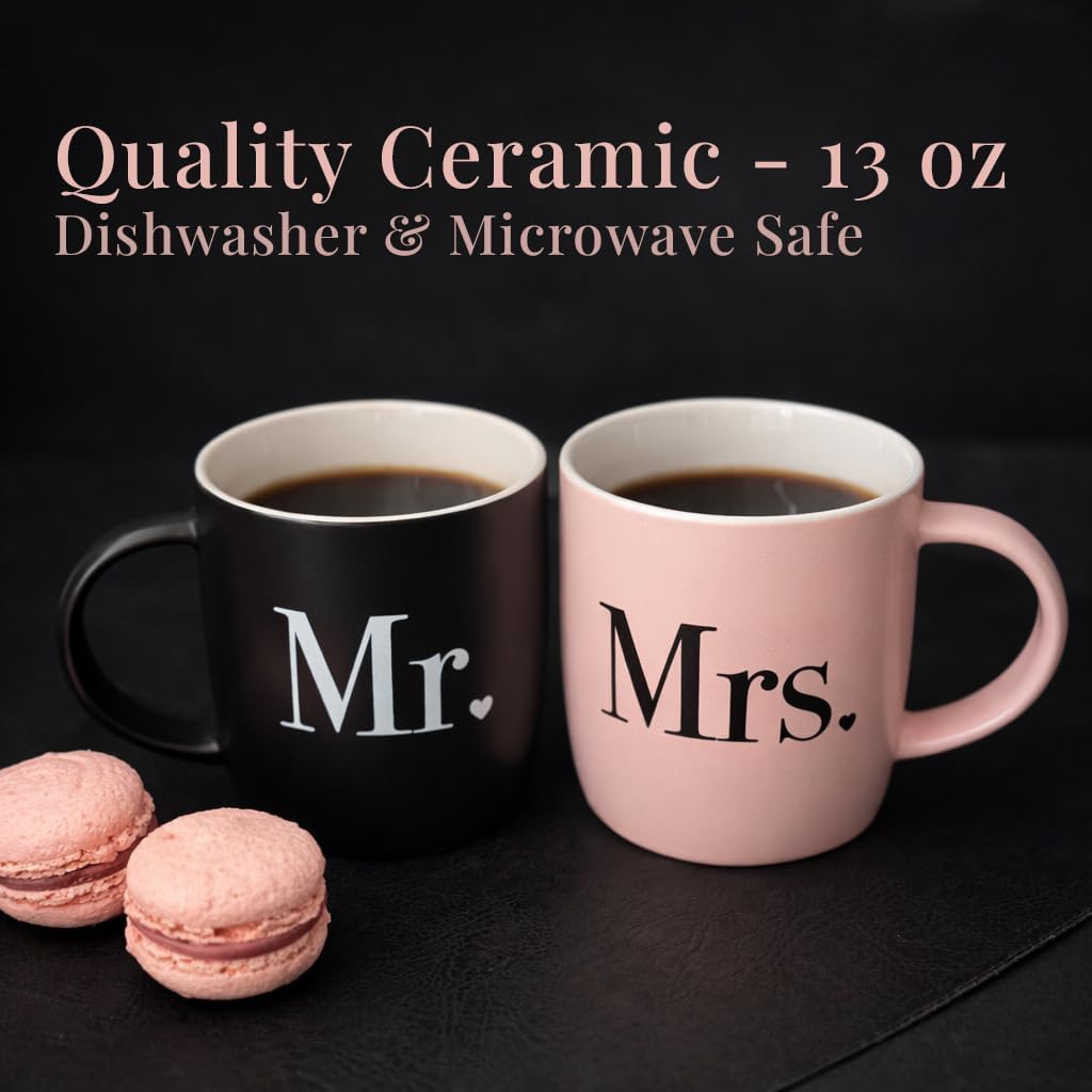 Triple Gifffted Mr and Mrs Coffee Mugs Couples Gifts Ideas for Wedding Anniversary Engagement Valentines Christmas His Hers Present Husband Wife Him Her Men Women, Bride Groom Newlyweds, Ceramic 13Oz