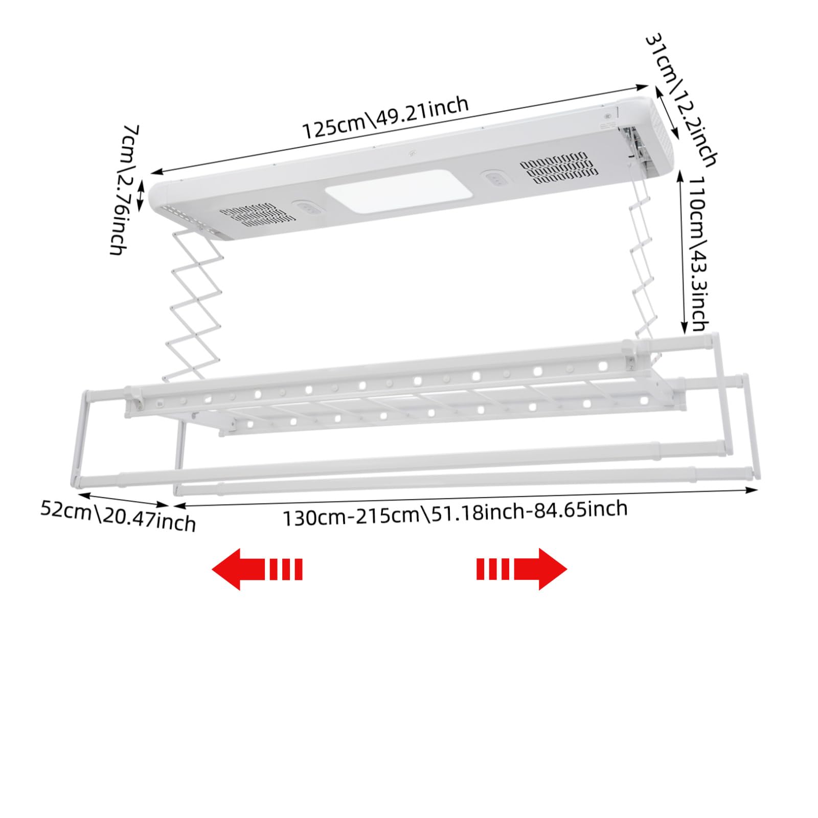 Elektrischer Wäscheständer für Wand und Decke mit Ventilator und Fernbedienung | 130-215 cm Ausziehbar, 35kg Tragkraft | Decken Wäschetrockner für Hausbalkone Badezimmer (Weiß)