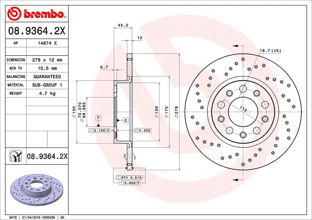 Brembo Xtra 08.9364.2X - Disco Freno Forato Posteriore, Set di 2