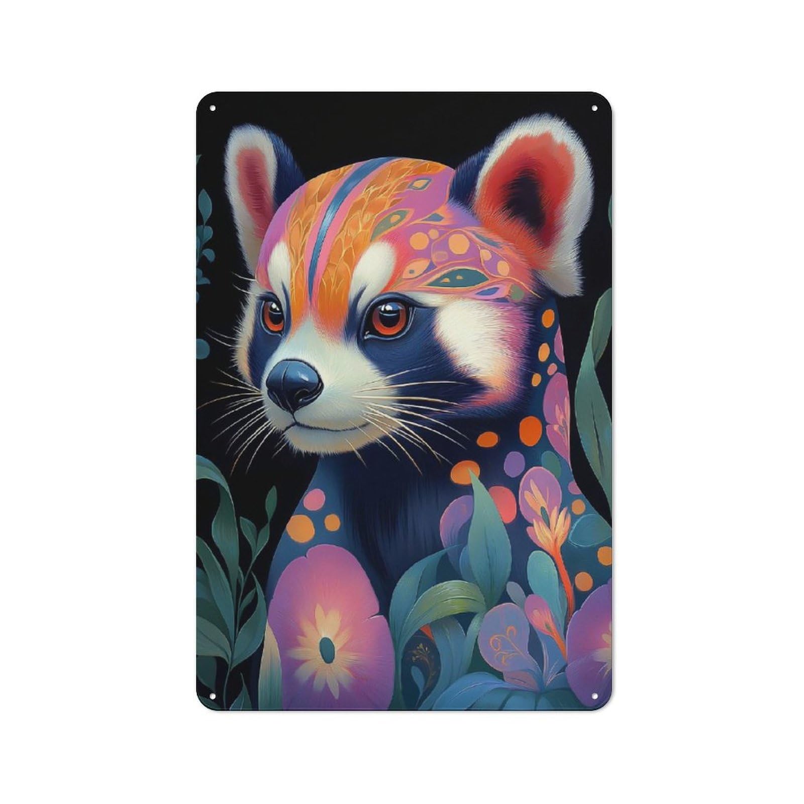 Junmoney Style-21 Retro Red Panda With Floral Pattern Metal Gift Sign 30X20cm, Home Wall Decor For Flat, Dorm Room, Lounge Or Cafe