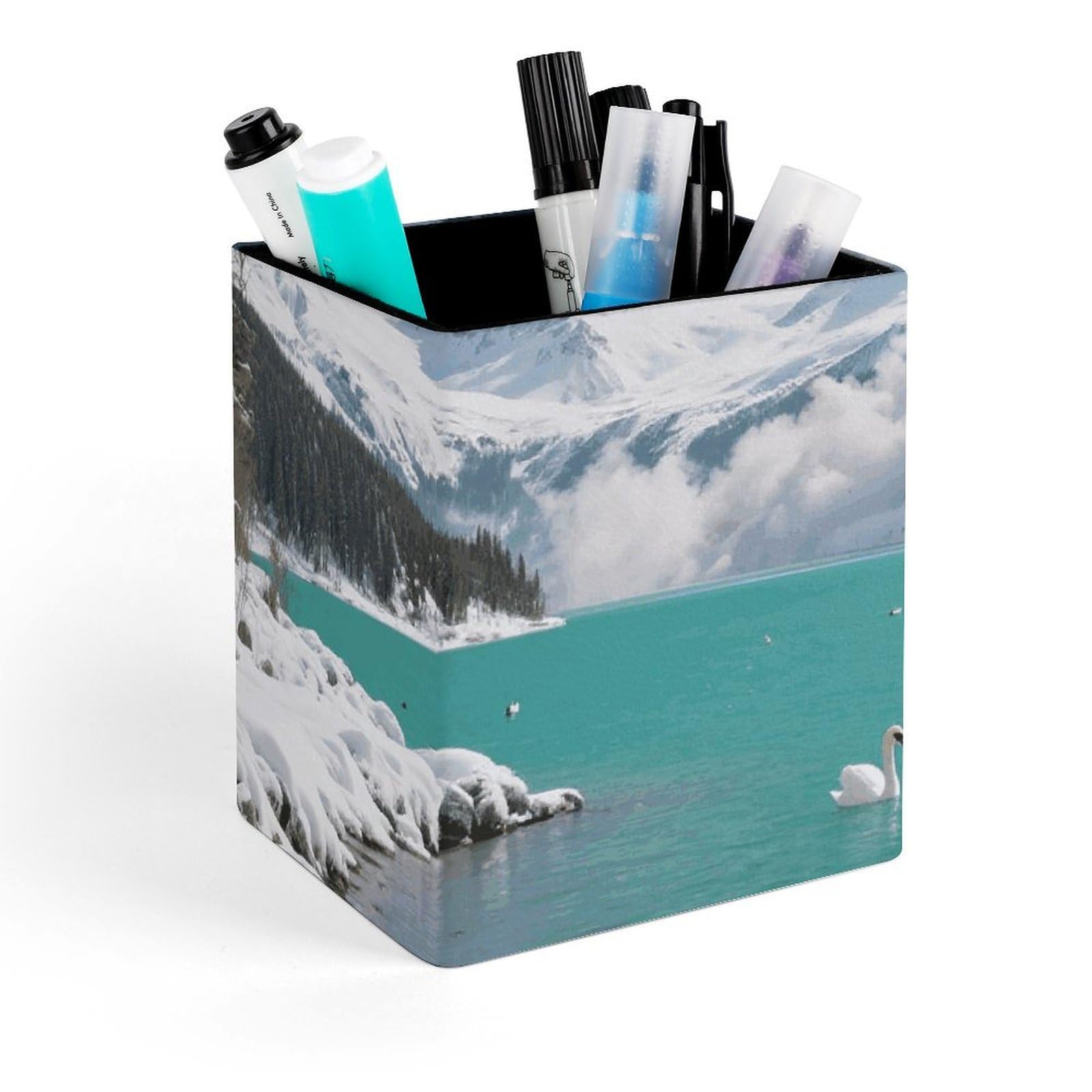 FekiLoot Alpine Lake View Pencil Holder Square Leather Pen Holder Cup Modern Multi-Functional Pencil Cup Holder Decorative Desk Organizer Caddy Makeup Brush Holders for Desk Office