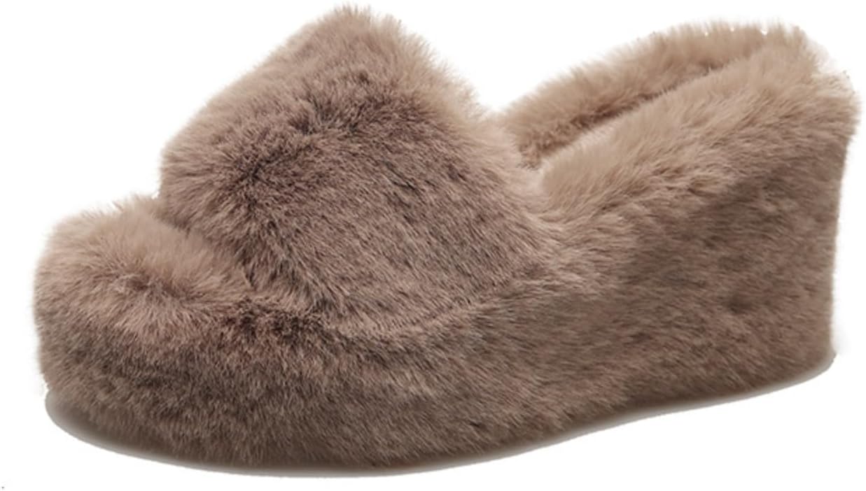 Women's Wedge Heel Slide Slippers - Plush Faux Fur Open Toe Mules with Non-Slip Rubber Sole for Indoor Outdoor Wear