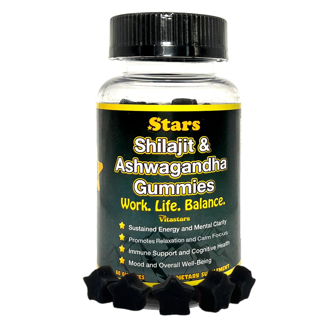 Shilajit Ashwagandha Gummies - Immune Support Supplement with Pure Shilajit Resin - Organic Ashwagandha Gummy for Stress, Energy & Wellness, 60 Natural Star-Shaped Gummies