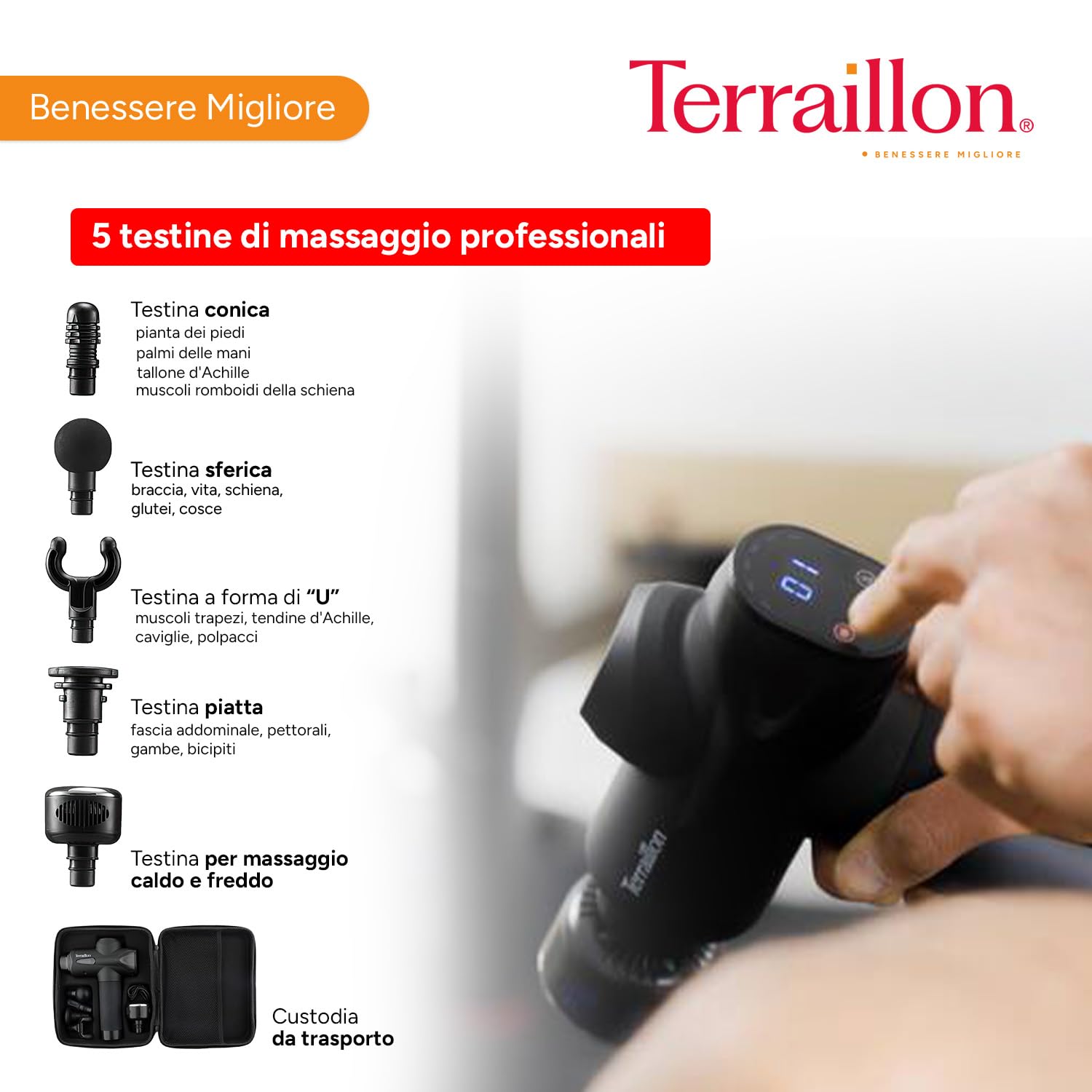 TERRAILLON - GUN MASSAGER EXPERT - Pistola massaggiante multizone, 20 velocità 2800-3200 RPM, schermo digitale, timer integrato, 5 punte in silicone di cui 1 caldo-freddo, USB-C, custodia inclusa,