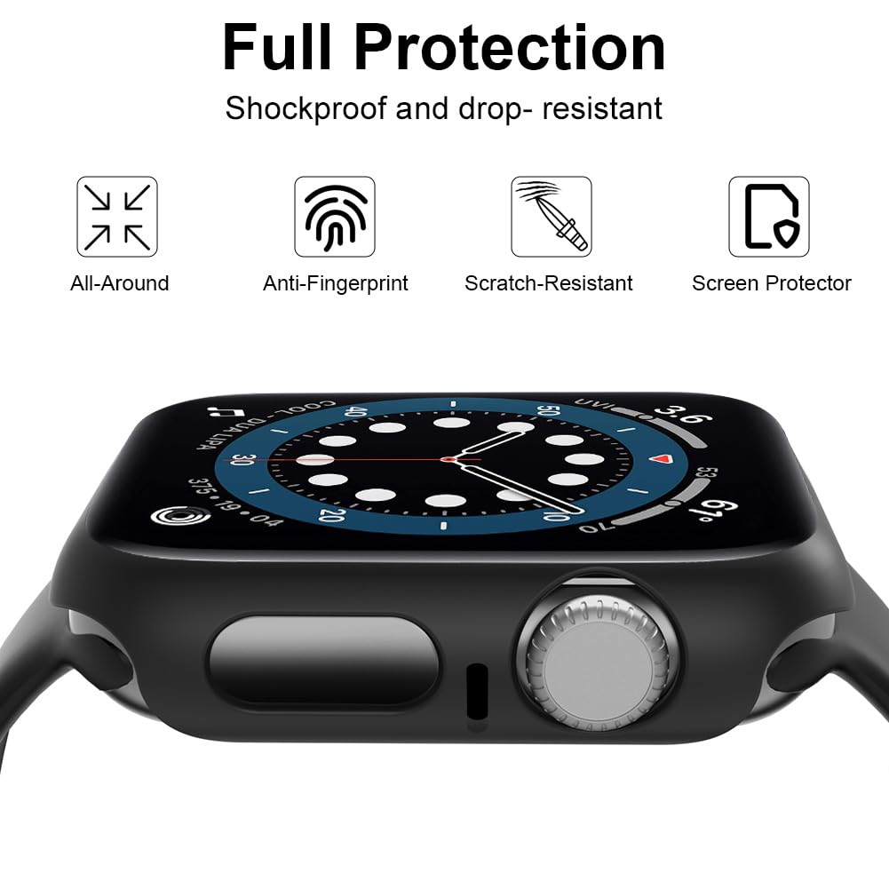 OFFCUP Etui z osłoną ekranu, 2 szt. twarde etui zaprojektowane do Apple Watch Series 4/5/6/SE 40 mm z osłoną ekranu ze szkła hartowanego, wbudowana folia ze szkła hartowanego, wysoka czułość (czarne)